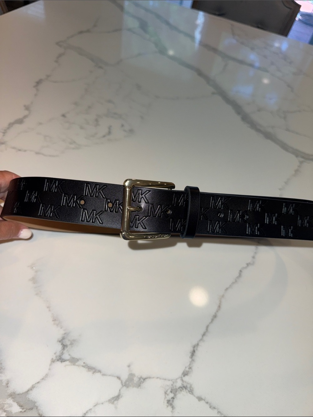 Michael Kors Black Embossed MK Leather Belt with Gold Buckle